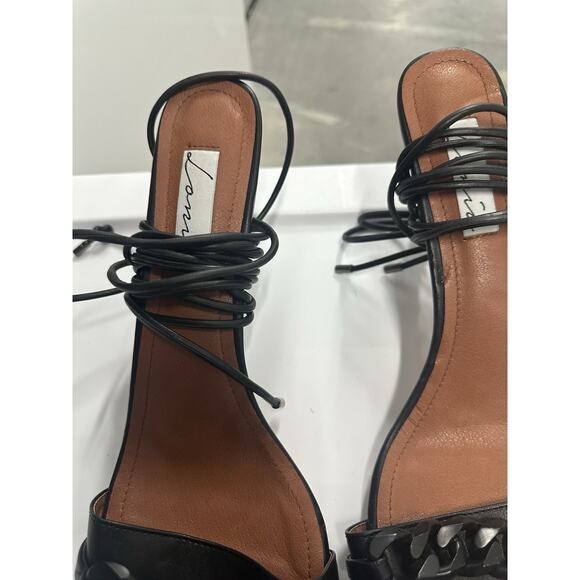 Lonia Black Vegan Leather Open Toe Chain Tie Up Ankle Strap Sandal, 13 - Picture 3 of 11